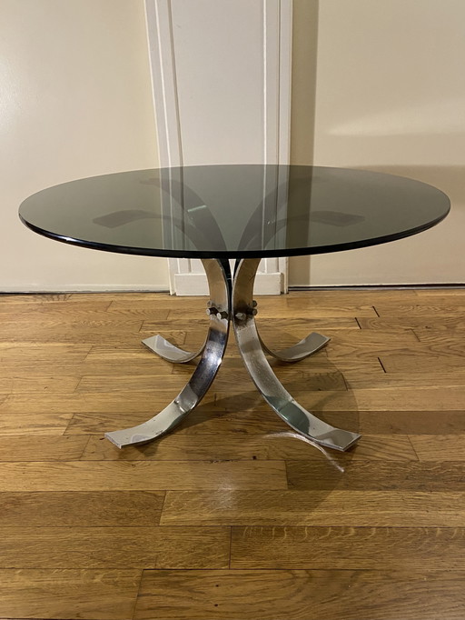 Vintage 70s coffee table - smoked glass & chrome-plated base