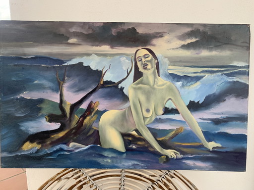 Large Vintage Canvas 60x100 - Artistic Nude Woman in the Waves - Oil Painting on Canvas 1980 with Autograph Dedication on the Ba