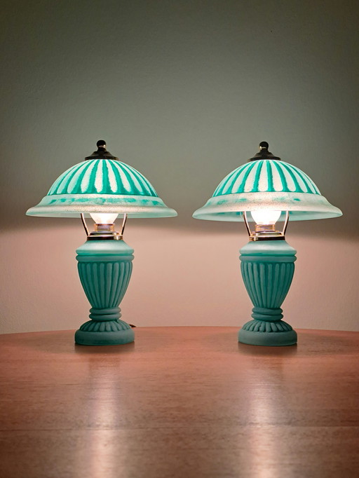 🔵🟡 2 Vintage Glass & Brass Table Lamps – Turquoise – Excellent Condition