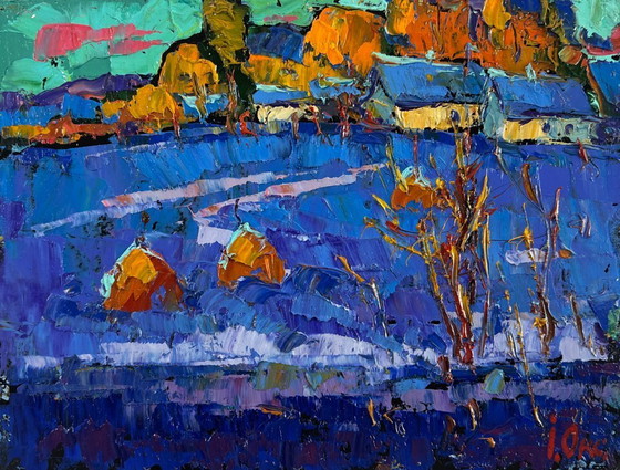 Image 1 of Original Oil Painting Winter Village Landscape Frosty stars in the evening sky