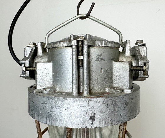 Image 1 of Industrial Soviet Cast Aluminium Bunker Pendant Light with Iron Grid, 1960s