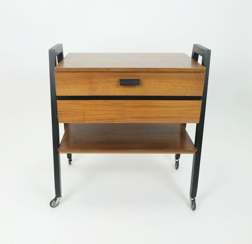 Extendable 1960S Mid Century Sewing Cart Sewing Box Walnut And Black Lacquered Wood