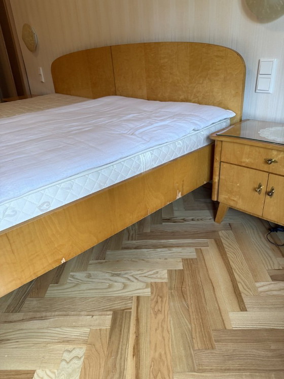 Image 1 of Vintage Mid-Century Bed 2x2m Bird's-eye Maple High Gloss 1950s + Mattress