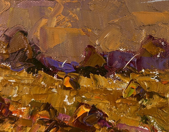 Image 1 of Original Oil Painting Evening Field Landscape A moment between light and darkness
