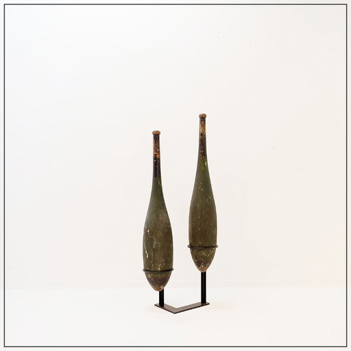 Pair of large wooden exercise clubs on base - early 20th century