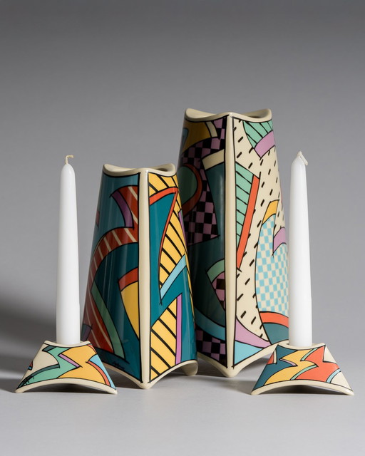 Dorothy Hafner pour Rosenthal, Duo de vases "Flash" et paire de bougeoirs assortis, Allemagne, années 1980