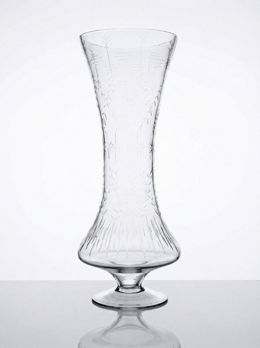 Very large vintage engraved blown glass vase from the 2000s in an antique style