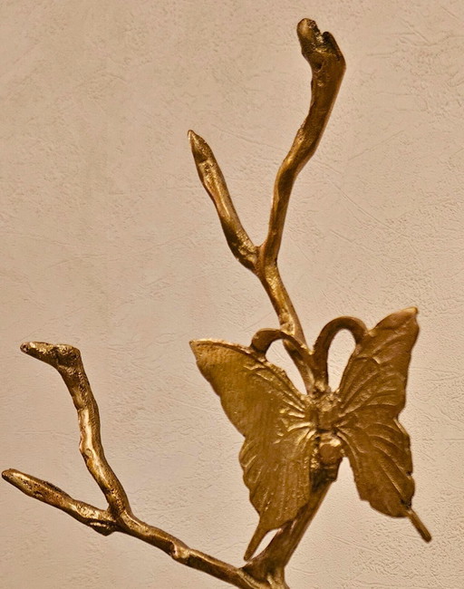 Papillon doré sur une branche - Figurine en laiton avec base en marbre | Décoration vintage élégante