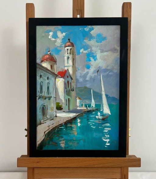 Original Oil Painting Summer City Landscape City on the water and white sails