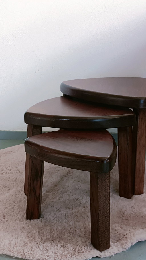 Vintage Oak Brutalist Organic Nesting Side Tables From France