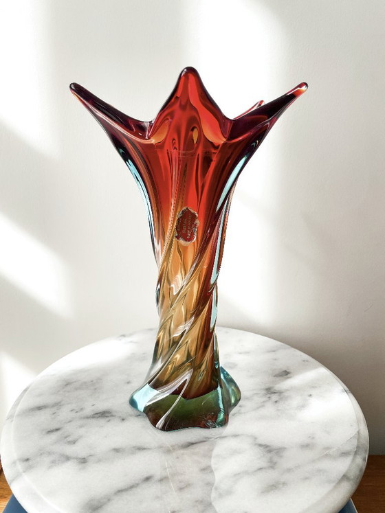 Vintage Murano Gedraaide Glazen Vaas Rood Amber Blauw, jaren 60 Chambord Fratelli Toso – Vazen, Glass (photo 2 of 9)