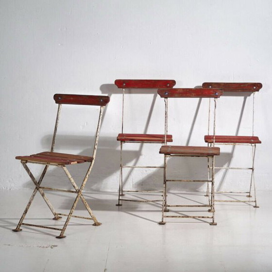 Antique red garden folding chairs (c.1920). Set of 4 pieces – Garden chairs, Wood, Iron (photo 5 of 40)