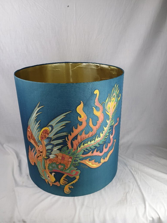 Image 1 of Handmade Signed Silk Dragon Lampshade, Large Vintage Style Table or Floor Lamp Shade, Asian Inspired Decorative Shade