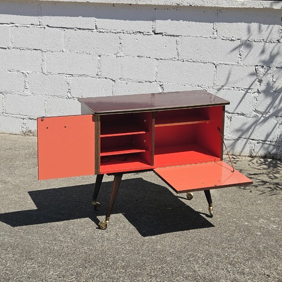 Image 1 of Mid-Century Formica Bar Trolley - Bar Cabinet - Mahogany Style - 60s