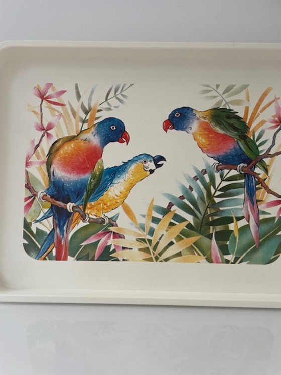 Vintage Emsa dienblad met papegaaien 50 cm, Tafelaccessoires, Kunststof, Meerdere kleuren (foto 12 van 13)