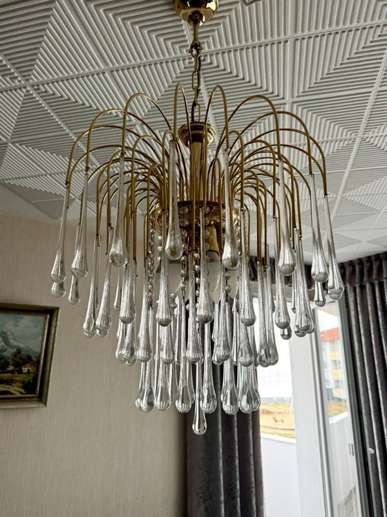 Lampadario a cascata con gocce di cristallo di Murano italiano, ottone dorato, Venini, vintage anni '70 (photo 3 of 6)