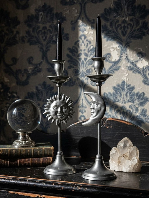 Paire de bougeoirs artisanaux Soleil & Lune vintages mid-century étain argenté
