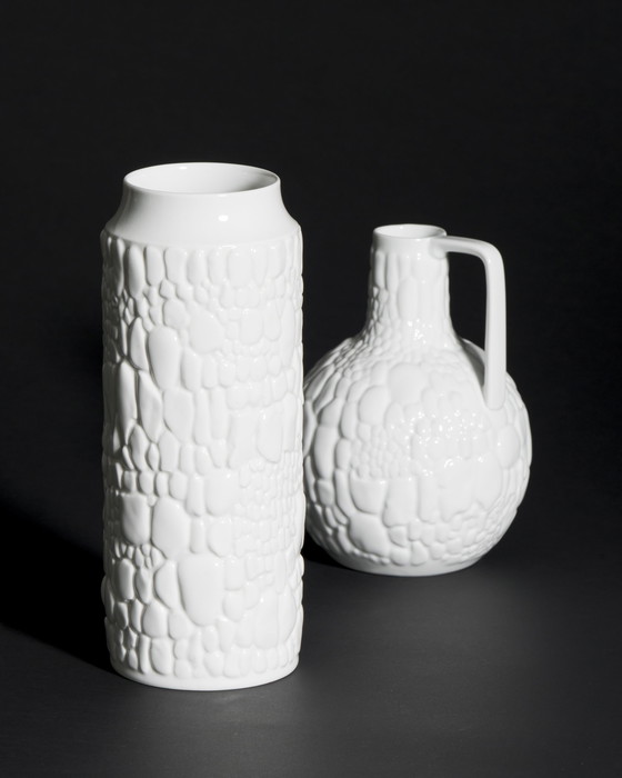 Image 1 of Manfred Frey AK Kaiser Glossy Porcelain Vase Fossil REPTILE Relief Op Art DUO