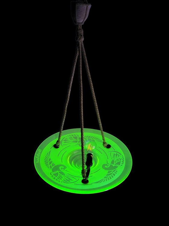 Image 1 of Very rare French Art Deco uranium chandelier from ca. 1925 by André Delatte with etched bird motif