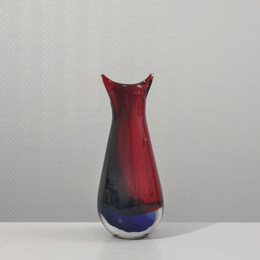 Vase Sommerso Murano Rot & Blau Hals Gezogen Italien 1960S Stil Poli Seguso
