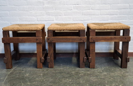 Image 1 of 3 sgabelli brutalisti con sedili in giunco