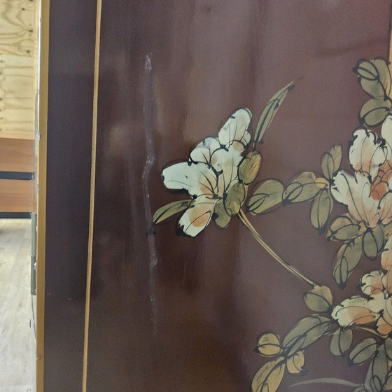 Image 1 of Vintage Chinese cabinet gold leaf flowers and peacocks and birds / oriental cabinet / bohemian cabinet / Asian cabinet