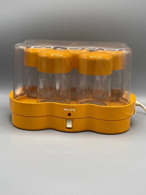 Oranje Krups elektrische yoghurtmaker, 5 glazen potjes met oranje deksels – decoratieve objecten, Plastic, Glass, Retro