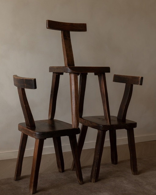 Vintage T Dining Chairs by Aranjou Set of 3, France (c.1960s) – Stained Elm, Brutalist Sculptural