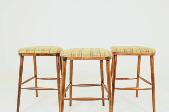 Image 1 of Mid century modern bar stools yellow tartan plaid wool rustic wood set of 3