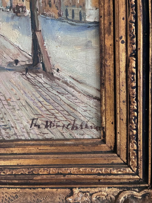 Peinture à l'huile originale vintage d'un port scandinave