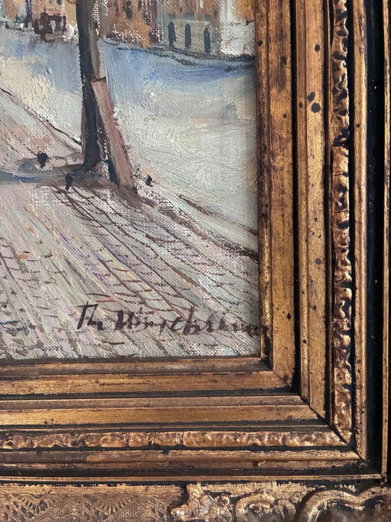 Image 1 of Pintura al óleo original de época que representa un puerto escandinavo.