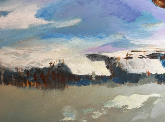 Image 1 of Original Oil Painting Winter Field Landscape Returning home on a winter evening