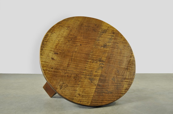 Image 1 of Brutalist Massive Oak Round Coffee Table 1970s