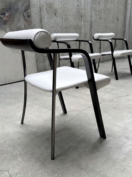 Image 1 of 4x DINING ROOM CHAIRS ITALY LEATHER WHITE WOOD BLACK METAL 1980s