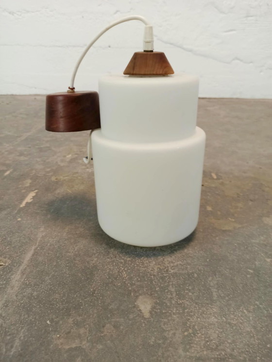 Vintage opaline glass and wood pendant lamp, Brown (photo 3 of 14)