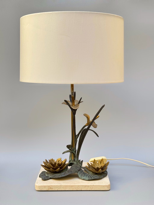 Vintage 1970s Bronze Water Lily Lamp on Travertine Base – Art Nouveau Inspired