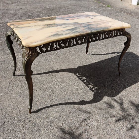 Image 1 of Franse Vintage Marmeren Messing Salontafel - Cocktailtafel-Lounge Tafel-Barok Stijl-60er jaren
