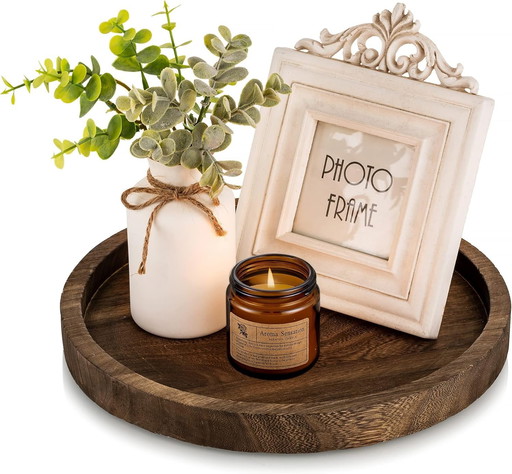 Hanobe Round Wood Tray Candle: Rustic Decorative Candle Holder Wooden
