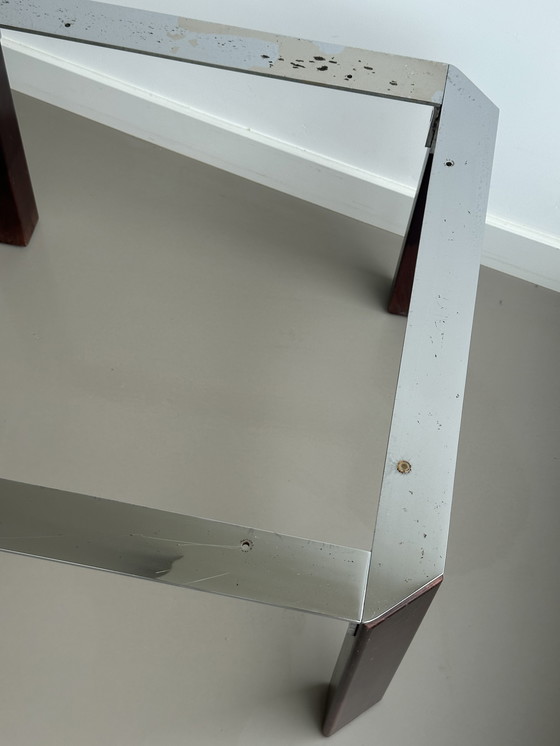 Image 1 of Table basse vintage en marbre métal chrome bois carré 70's
