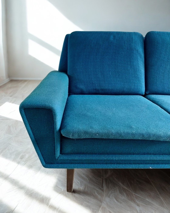 Zeldzame Deense 4-Zits Bank + Fauteuil | Petrol Wol | Jaren '60 – 3-5 zitsbanken, Wool, Wood (photo 3 of 9)