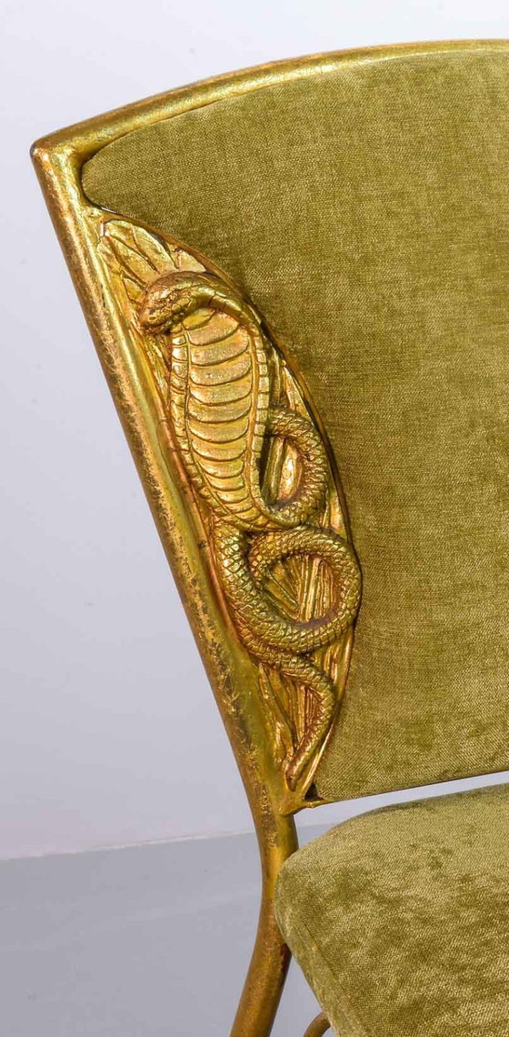 Image 1 of Set aus 6 glamourösen, vergoldeten Barhockern im Hollywood-Regency-Stil mit Cobra-Motiv und frischem, limettengrünem Samtbezug, 
