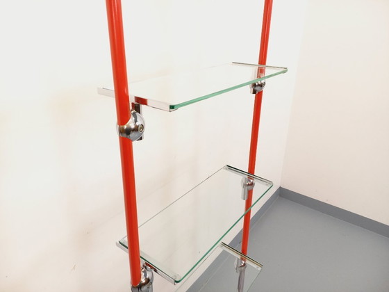 Image 1 of Modular Bauhaus-style vintage bookcase in red metal, chrome and glass from the 1970s