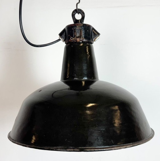 Image 1 of Industrial Black Enamel Factory Lamp with Cast Iron Top, 1950s