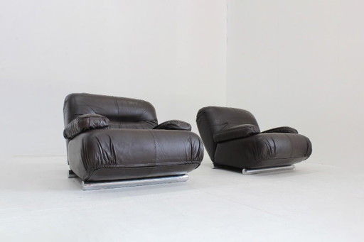 Giuseppe Munari Lounge Chairs Brown Leather 1970s, Italy Set Of 2 – fauteuils