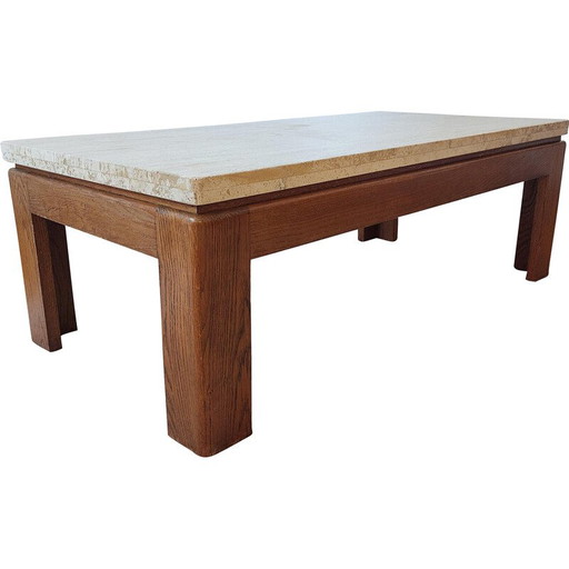 Mesa de centro vintage de madera y travertino, 1970