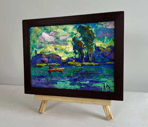 Original Oil Painting Evening River Landscape River and yellow sunset