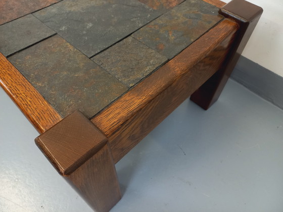 Image 1 of Table Basse Vintage Brutaliste en Chêne et Ardoise des Années 60-70