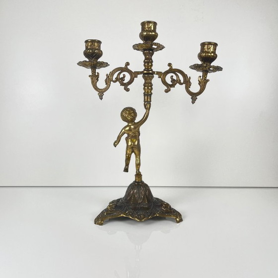 Image 1 of Antique three-arm candelabra in cast brass, cherub, late 19th-early 20th century
