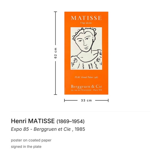 Image 1 of Henri MATISSE Expo - Berggruen et Cie Poster 1985