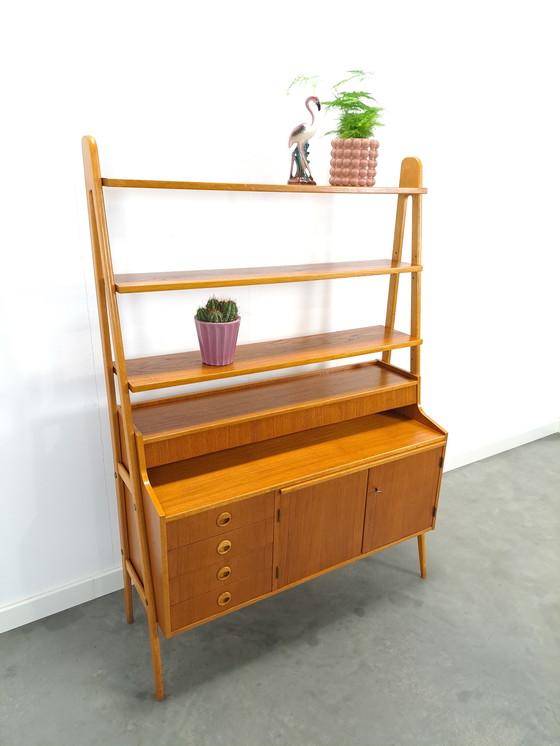 Image 1 of Teak Veneer Cabinet From Sweden With Drawers, Shelf And Extendable Shelf